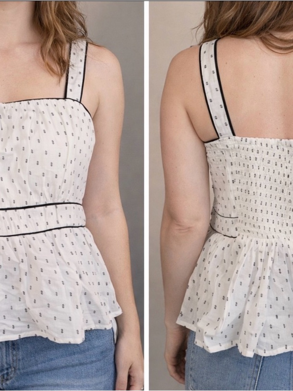 Gap Off-White Peplum Tank Top Size Large | Black Trim Dotted Print